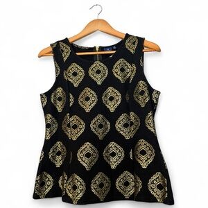 Kaari Blue Black Gold Peplum Sleeveless Top Women’s Medium Elegant Blouse NWOT